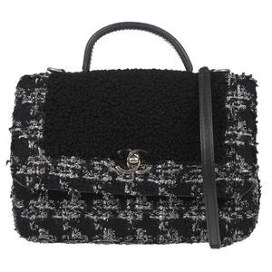 Chanel Top Handle Shearling With Tweed Black Tweed Handbag